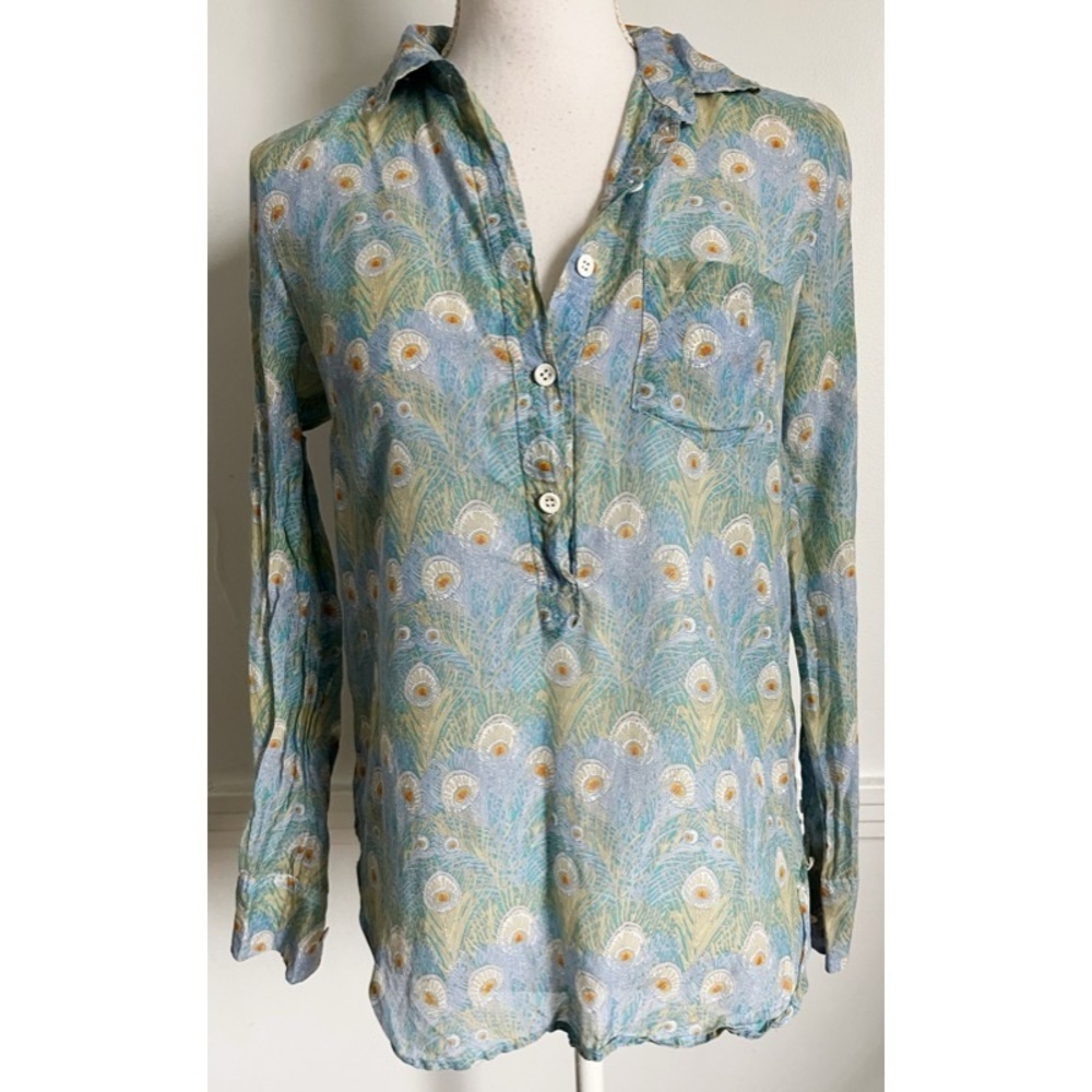 Liberty Art Fabrics for J. Crew • Peacock Feather Print Women's Top Cotton Silk